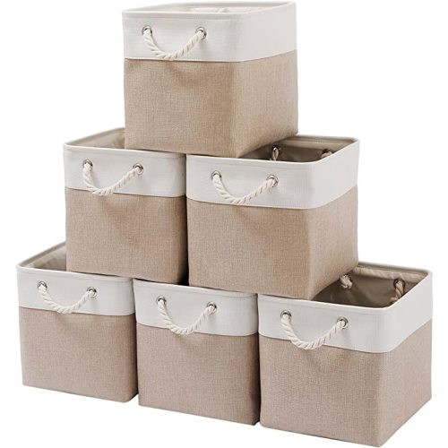 11 x 11 Inch Cube Storage Bins, 6 Pack Large Collapsible Fabric Storage Bin with Ropes, Foldable Storage Cubes for Home, Office,Closet, Clothes, Toys Organizer (White & Beige-11"x11"x11")