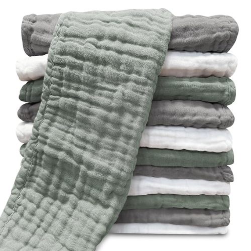 Sunny zzzZZ Muslin Burp Cloths for Baby 100% Cotton Burping Cloths for Unisex, Boy, Girl - Large 20'' by 10'' Newborn Essentials Ultra Soft Absorbent Milk Spit Up Rags - 12 Pack - White+Green+Grey