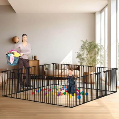 ELECWISH 8 Panels Foldable Baby Gate Heavy Duty Playpen, Extra-Wide, Auto-Close Door, Double Locking System, 27.5"-199"