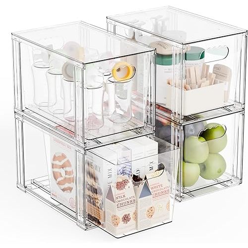 Yieach 4 Pack Large Stackable Storage Drawers,11″Deep Under Cabinet Organizer,Baby Bottle Organizer,Clear Stacking Pull Out Drawer,Acrylic Storage Containers Bins for Organizing Snack,Medicine,Makeup