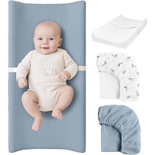 Konssy Muslin Changing Pad with Waterproof Lining Foam, Includes 2 Pack Soft & Cotton Cover, Baby Diaper Changing Pad for Dresser or Table, 32x16 inches (Little Whales, Blue)