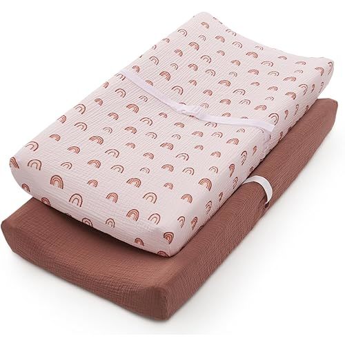 Blissful Diary Muslin Changing Pad Cover for Girls Boys, Ultra Soft Breathable Cotton, Baby Diaper Change Table Pad Covers, 2Pack (Rainbow&Cedar)