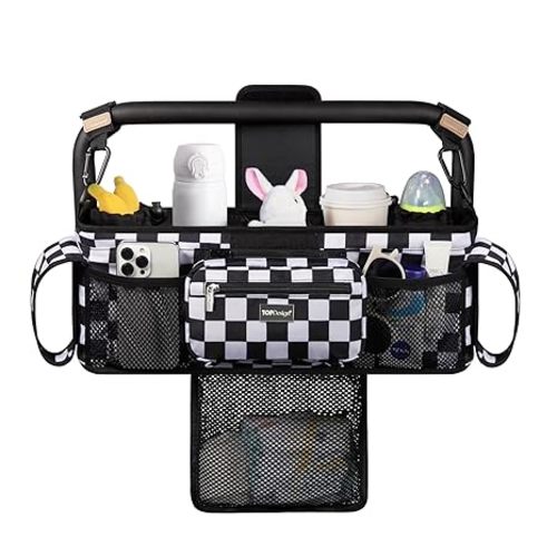 TOPDesign Universal Baby Stroller Organizer, Stroller Caddy with Detachable Mesh Bag & Heightened Insulated Cup Holders & Non-Slip Secure Hooks Accessories, Fits Most Strollers (Checkerboard)