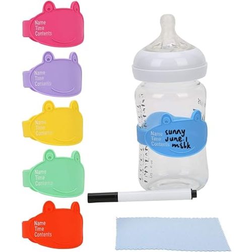 Baby Bottle Labels for Daycare, Durable Writable Reusable Food -Grade Silicone 6 Pack Baby Bottle Labels with Dry Erase Marker Foretoo
