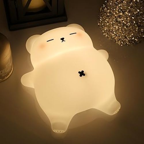 Luz nocturna de oso para guardería, lámpara de noche de bebé recargable de silicona suave con atenuación de 3 niveles, control táctil, temporizador de 30 minutos y sonido calmante de ronquidos, barriga móvil, lindo oso dormido decoración de dormitorio de 
