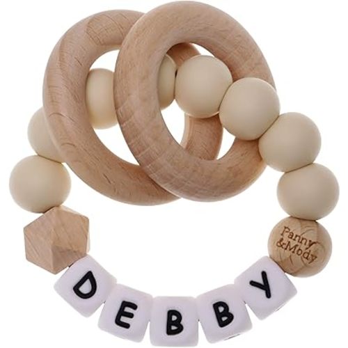 Personalized Baby Keepsake Rattles with Name, Panny & Mody Customizable Silicone Baby Keepsake Rattle with Natural Organic Beech Wood Rings for Gift - Khaki