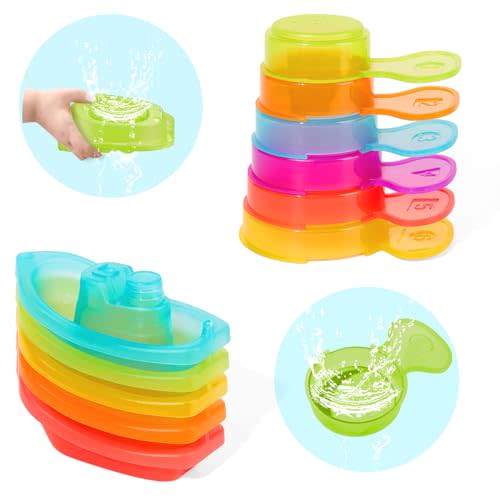 Baby Bath Toys, 11PCS | Mold Free&Non Toxic Toddler Bath Toys with Bath Boats | Colorful Bath Spoons with Numbers| Easy-Grip, Floating and Drain Water | Count Skill&Color Recognition | Baby Pool Toys