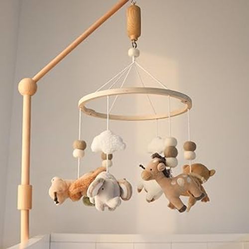 The Peanutshell Safari Crib Mobile for Boys or Girls, Wooden Musical Baby Mobiles with 12 Lullabies, Elephant, Giraffe, Zebra, Monkey, Jungle Animal Nursery Decor