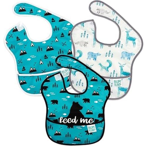 Bumkins Bibs for Girl or Boy, SuperBib Baby and Toddler for 6-24 Months, Essential Must Have for Eating, Feeding, Baby Led Weaning Supplies, Mess Saving Catch Food, 3-pk Outdoors and Wildlife