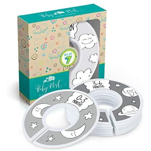 Baby Nest Designs UNISEX Closet Dividers for Baby Clothes - 7x Baby Clothing Size Dividers from Newborn Infant to 24 Months – Grey Gender Neutral Baby Clothes Dividers and Nursery Closet Organizer
