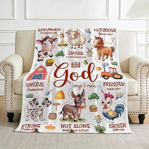 Farm Animal Blanket,Bible Verse Blanket, Christian Gifts, Cow Sheep Horse Chicken Dog Tractor Print Blankets,Cute Religious Gifts for Girls Boys,Farm Animals Lover Room Bed Decoration, 40"x50”