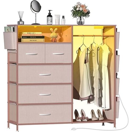 Dresser for Bedroom with Clothes Rack Side Pockets 5 Drawer Dresser with Charging Station LED Lights Black Storage Chest of Drawers for Hallway Closet Sturdy Steel Frame Wood Top (Pink)