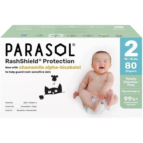 P'arasol Chlorine-Free Diapers with RashShield Protection ~ Size 2, 80 Count ~ Chamomile Topsheet ~ White.