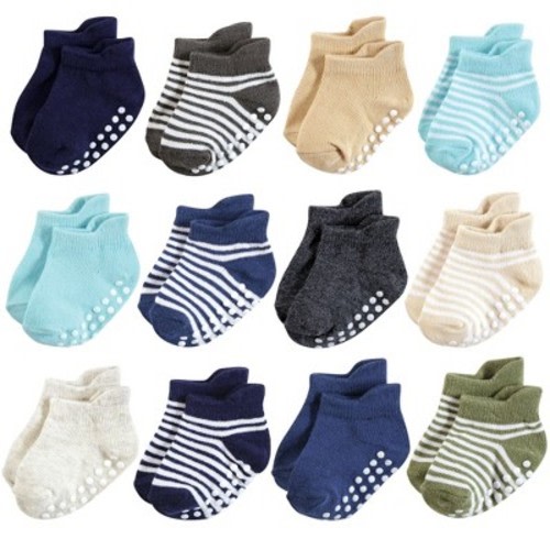 Hudson Baby Infant Boy Non-Skid No-Show Socks, Blue Tan, 0-6 Months