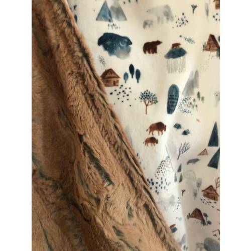 Woodland Baby Blanket, forest animals, Mountains bear buffalo bison, cabin Boy, flannel Minky, rustic nursery, new baby gift, personalized