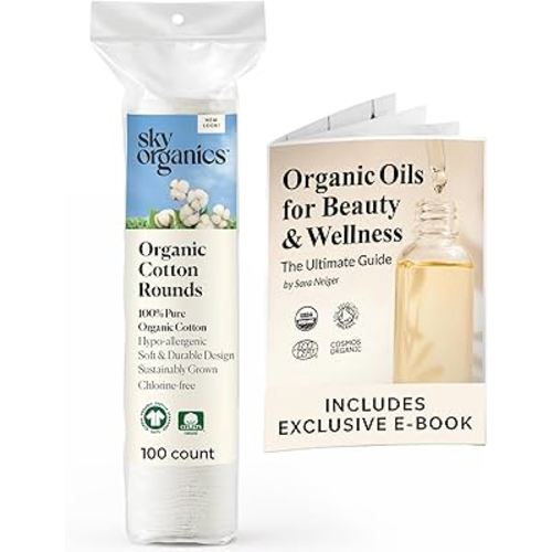 Sky Organics Organic Cotton Rounds for Sensitive Skin, 100% Pure GOTS Certified Organic for Beauty & Personal Care, 100 ct. w Ebook