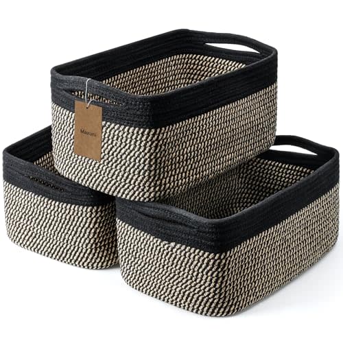 Maxuni 3-Pack Shelf Baskets for Organizing, Closet Organizer Bins, Small Woven Baskets, Rope Toy Basket, Storage Basket for Shelves, Cube Decorative Box, 11.8×7.8×5.1”, Black Brown