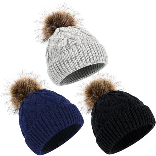 DANMY Baby Beanie Hat, Infant Newborn Toddler Winter Warm Knit Cap for Little Boys Girls, Winter Warm Hat - 6-36 Months - Light-gray/Navy/Black-3pcs