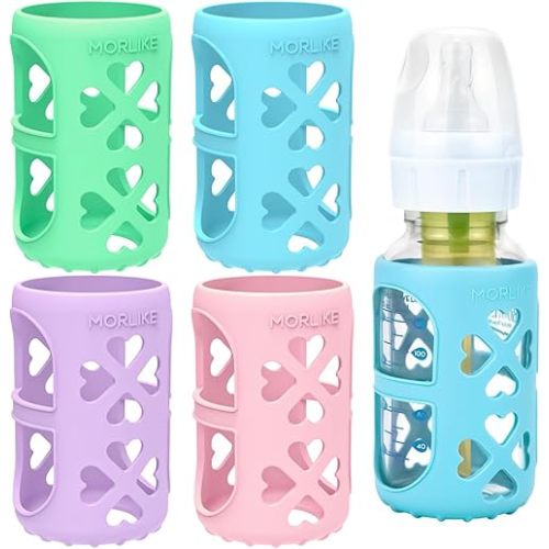 MORLIKE 4 Pack Silicone Sleeves Fit for 4 oz/120 mL Dr. Brown's Natural Narrow Glass Baby Bottle, 100% Silicone Covers Protect Glass Bottle, Easy to Grip Baby Bottle Holders for SB41001-P4, SB42003-P2