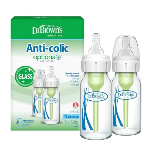 Dr. Brown's Anti-Colic Options+ Narrow Glass Baby Bottle with Level 1 Slow Flow Nipple, BPA-Free, 8 oz/250 mL, 0m+, 2-Pack (Packaging May Vary)