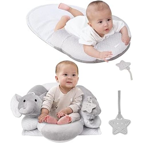Lovvie & Joy 2-in-1 Tummy Time Mat & Seated Support Pillow,Baby Tummy Time Pillow Support for Newborns and Older Babies,with Detachable Support Pillow and Toys Elephant