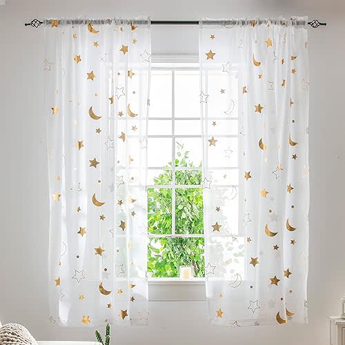 Star White Sheer Curtains 63 Inch Length for Kids Room - Cute Gold Star Moon Curtains for Nursery Girls Bedroom Rod Pocket Light Filtering Foil Print Sheer Drapes for Baby Boys Playroom, Set 2 Panels