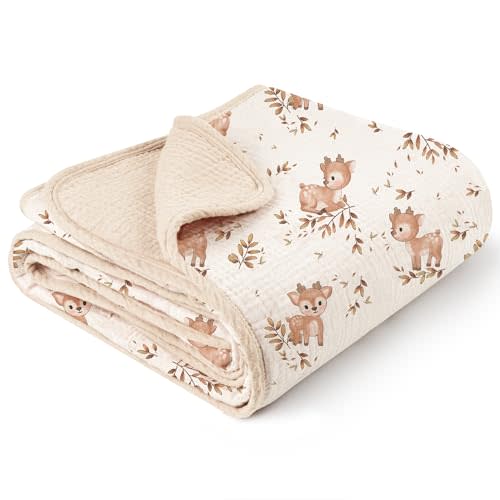 Konssy Muslin Baby Blankets for Girls Boys, 100% Cotton Crib Blanket for Baby Infant Toddler, Super Soft and Lightweight Nursery Blankets 40"x36" (Deer)