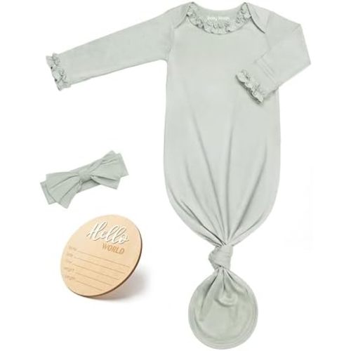 Newborn Knotted Gown for Baby Girls with Ruffle Neck & Sleeves, Newborn Sleepers Outfit with Bow Headband & Announcement Sign