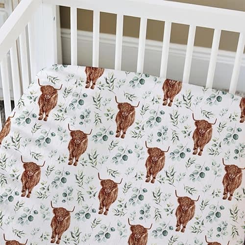 HawSkgFub Highland Cow Eucalyptus Leaf Fitted Standard Crib Sheet for Baby Boy Girl, Neutral Western Farm Animal Yak Toddler Mattress Cover, Soft Stretchy Nursery Bed Sheets Decor Kids Gift 52" x 28"
