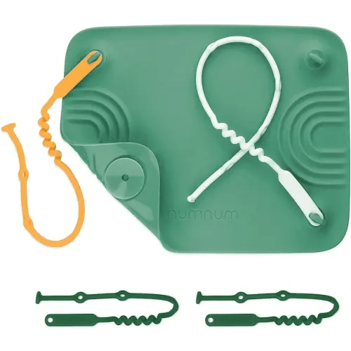 NumNum Silicone Placemat w/Pincer Grasp Grooves for Toddlers, Baby, & Kids - 4 Attachable Tethers & Built-in Suction Cups - Easy to Clean - Non-Slip for High Top & Dining Table w/Travel Bag - Green