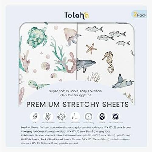 TotAha Crib Sheets for Boys Girls, Premium Soft Crib Mattress Fitted Sheet, Super Stretchy Jersey Knit Baby Sheets, Silky Comfort Baby Bed Sheets 28x52x9 Extra Deep Pocket, 2 Pack (Sea Animal)