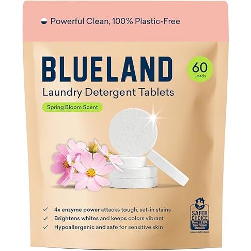 BLUELAND 100% Plastic-Free Laundry Detergent Tablets, 60 Count, Spring Bloom Scent, Plastic-Free Eco-Friendly Pods, Sheets, Liquid Alternative - Natural, Gentle, Non Toxic