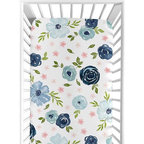Sweet Jojo Designs Navy Blue and Pink Watercolor Floral Girl Fitted Crib Sheet Baby or Toddler Bed Nursery - Blush, Green and White Shabby Chic Rose Flower