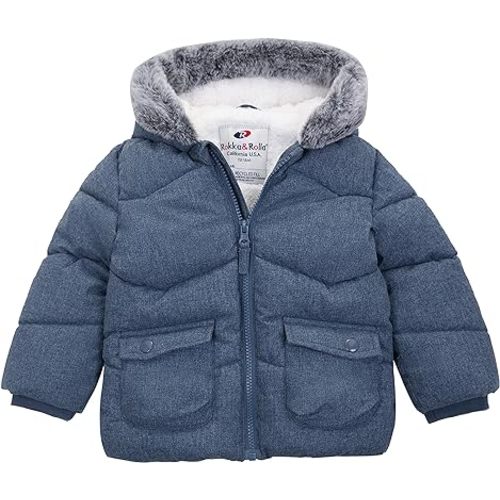 Rokka&Rolla Baby Boys' Sherpa Lined Puffer Jacket Warm Winter Coat with Mini Fur Trim Hood for Newborn Infants Toddlerx 6-9m