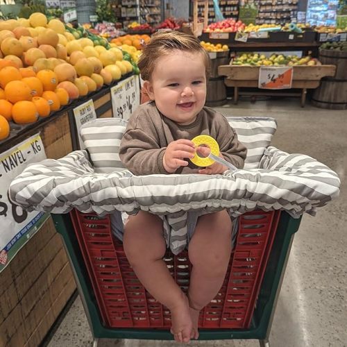 Suessie Shopping Cart Cover and High Chair Cover with Bolster Support Pillow (Gray and White Stripe with Cushion)