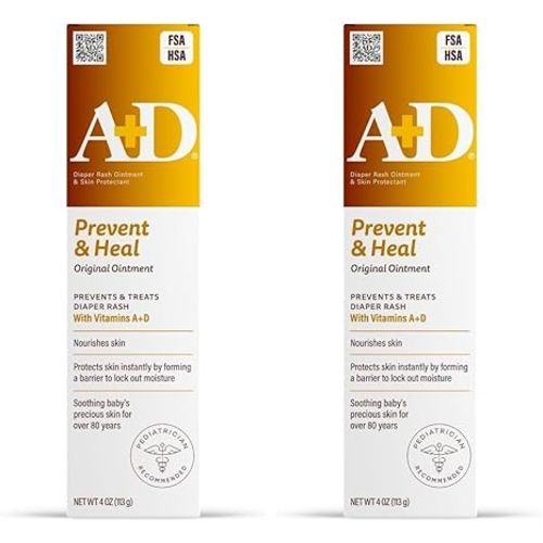 A+D Original Diaper Rash Ointment Prevents & Treats Diaper Rash, Moisturizing Skin Protectant with Vitamins A & D, Healing Skin-Ointment for Dry and Cracked Skin 4oz (Pack of 2)