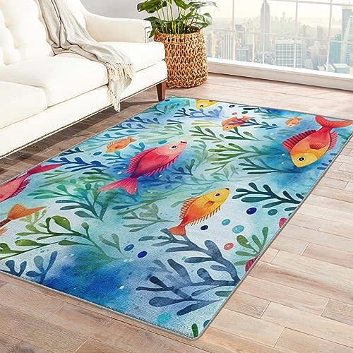 Fish Rugs for Kids Room - Fish Rug & Home Decor - 2x3 Rug - Underwater Rugs for Entryway - Sea Animal Carpet - Washable Non Slip Soft Low Pile Indoor Door Mat & Room Decor