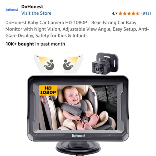 DoHonest Baby Car Camera HD 1080P - Rear-Facing Car Baby Monitor with Night Vision, Adjustable View Angle, Easy Setup, Anti-Glare Display, Safety for Kids & Infants