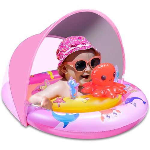 Baby Pool Float - Inflatable Float with Canopy UPF50+ Sun Protection - Infant Toddler Swim Float with Toy Play Console for Kids Girls Boys Aged 6-36 Months-Pink