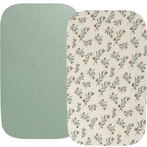 Muslin Bassinet Sheet Compatible with Baby Delight Beside Me Dreamer Bassinet, 2 Pack Cotton Stylish Boho Fitted Bassinet Sheets Super Soft for Baby Roman Green & Botanical Leaf