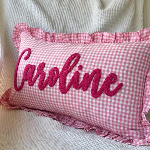 Personalized Name Pillow, Nursery Pillow, Pillow, Embroidered Punch Needle Pillow, Ruffled PillowShams, Decorative Baby Name Pillow