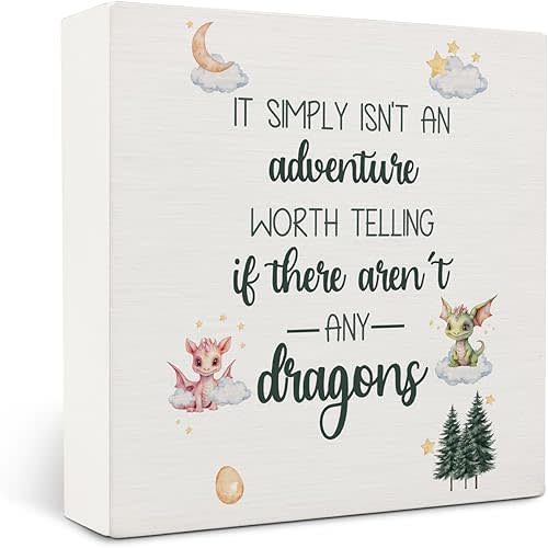 Fantasy Dragon Nursery Wooden Box Sign Desk Decor, Enchanted Forest Cute Dragon Wood Block Sign for Kids Room Nursery Playroom Desk Table Shelf Wall Decorations, 5x5 Inch
