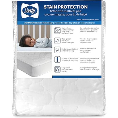 Sealy Baby Stain Protection Fitted Waterproof Infant Crib Mattress Protector Pad and Toddler Bed Cover, Durable and Comfortable Topper, Machine Washable and Dryer Friendly, 52” x 28”- White