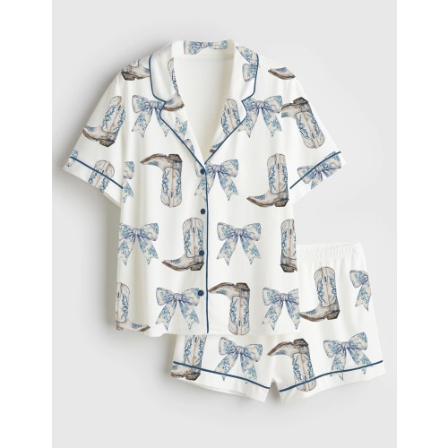 Women's Coquette Blue Bow And Boots Cowgirl Short Sleeve Satin Pajama Set