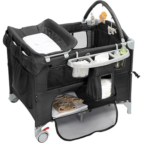 Ktaxon 5 in 1 Bedside Bassinet, Pack and Play, Bedside Crib with Diaper Changer, Spacious Storage Basket, Protective Mosquito Net, Engaging Toy Bar and Travel Bag for Newborn to Toddler(Black)
