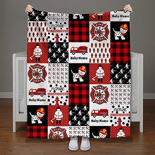 Firefighter Baby Blanket Personalized Custom with Name for Boys, Girls, Kids, Baby - Toddler Fire Truck Dogs Plaid Theme Patchwork Soft Flannel Fleece Crib Throws Blankets