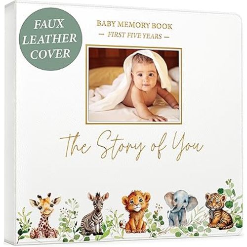 Baby Book Keepsake - Timeless Baby Memory Book for Boy or Girl I First 5 Year I Faux Leather, Gender Neutral, Safari Theme w/Gold Foil Stamp - Baby First Year Book Journal Scrapbook Photo Album Shower