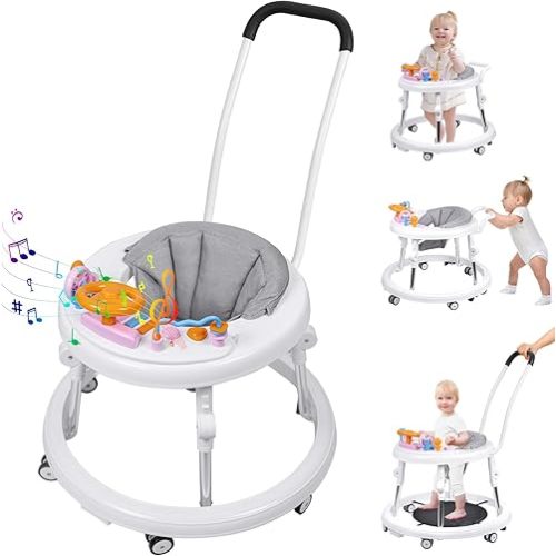 Baby Walker, Foldable 9-Gear Height Adjustable Baby Walker with Wheels, Infant Toddler Walker with Music Disk, Anti-Fall Baby Walkers and Activity Center with Foot Pads for Boys and Girls 6-24 Months