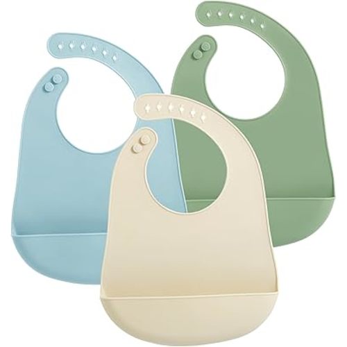 PandaEar 3 Pack Silicone Baby Bibs, Super Thin Light Weight Waterproof for Babies & Toddlers, Adjustable Soft Silicone Feeding Bibs with Food Catcher Pocket (Blue/Green/Flesh)