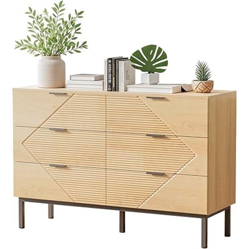 6 Drawer Dresser for Bedroom, Farmhouse Wood Storage Dressers, Fluted Double Dresser, Wide Clothes Dressers TV Stand for Living Room,Hallway (1, Natural Oak)